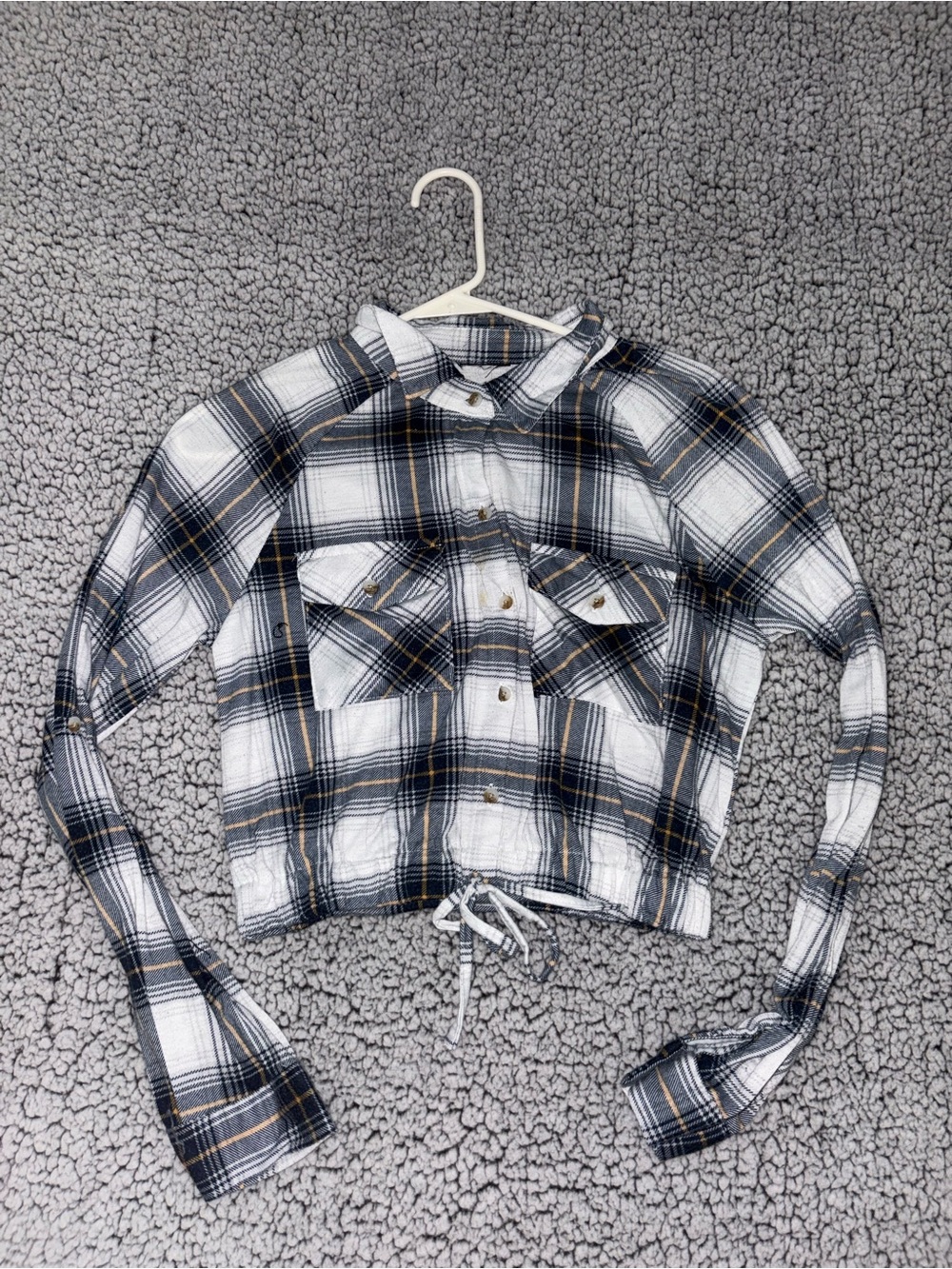 Plaid Cropped Button-Up Shirt Jacket - White, Black & Mustard
